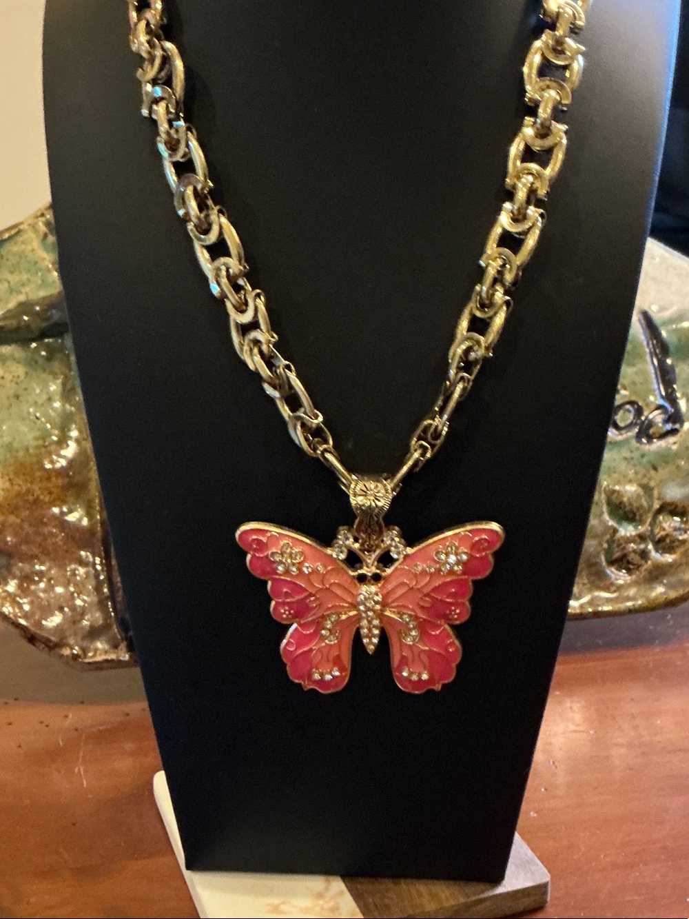 Gold-Tone Chain Necklace with Pink Butterfly Charm